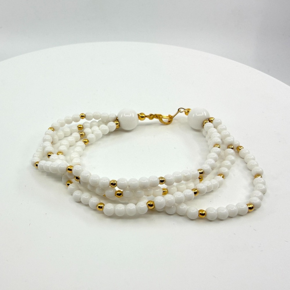 Vintage Multi-Strand White Bead Bracelet with Gold Accents Y2K Chic